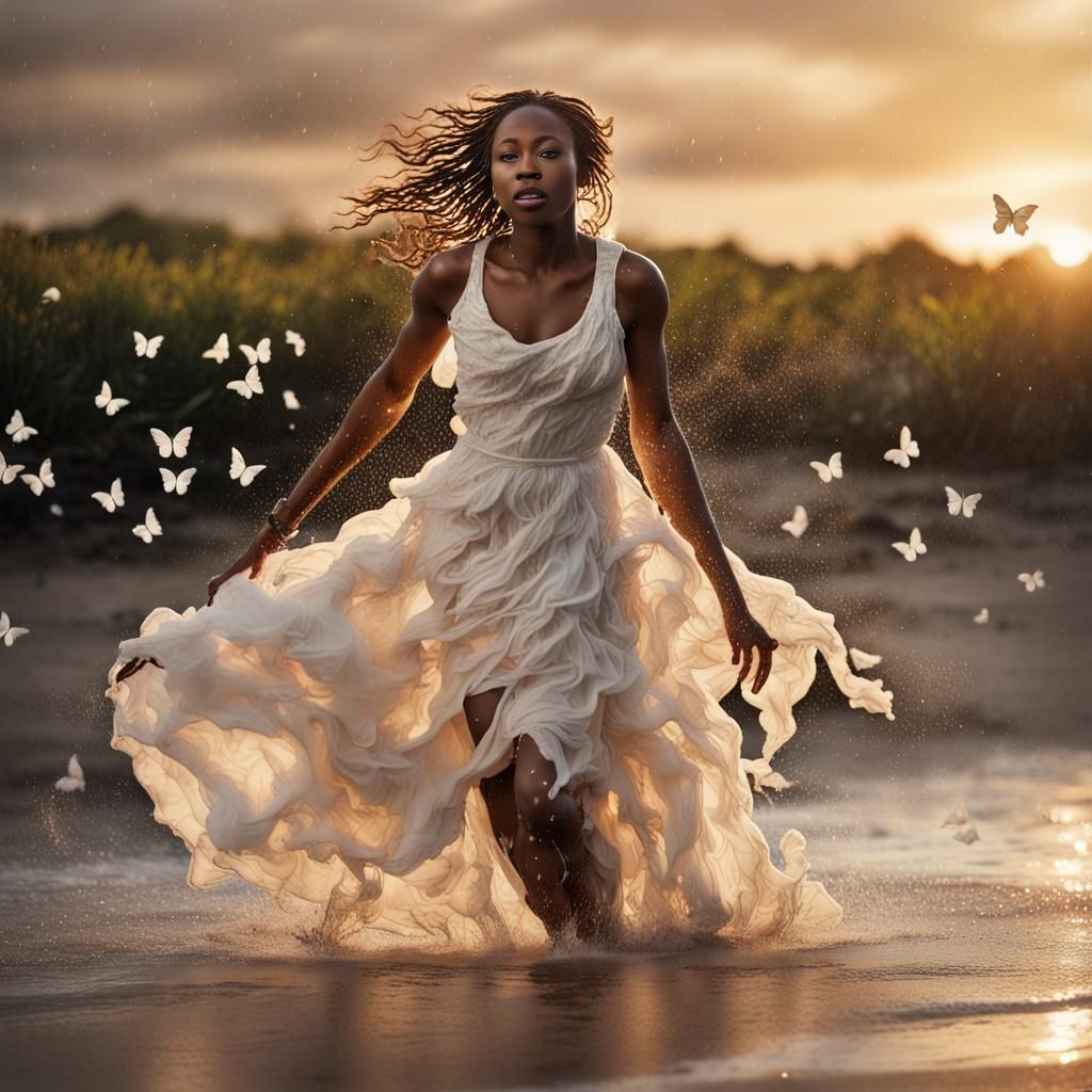 Woman in Butterfly Dress Running on Beach at Sunset