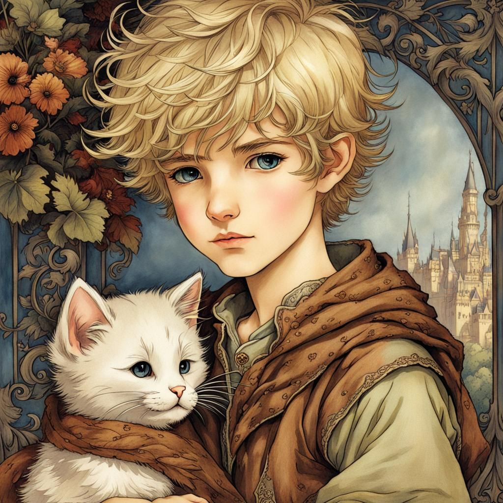 Boy and Kitten in Fairytale Anime Style