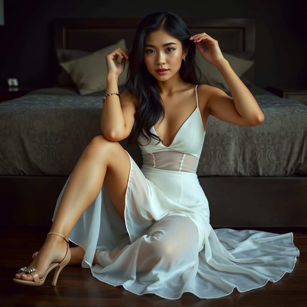 Elegant Woman in White Dress: Photo-Realistic Portrait