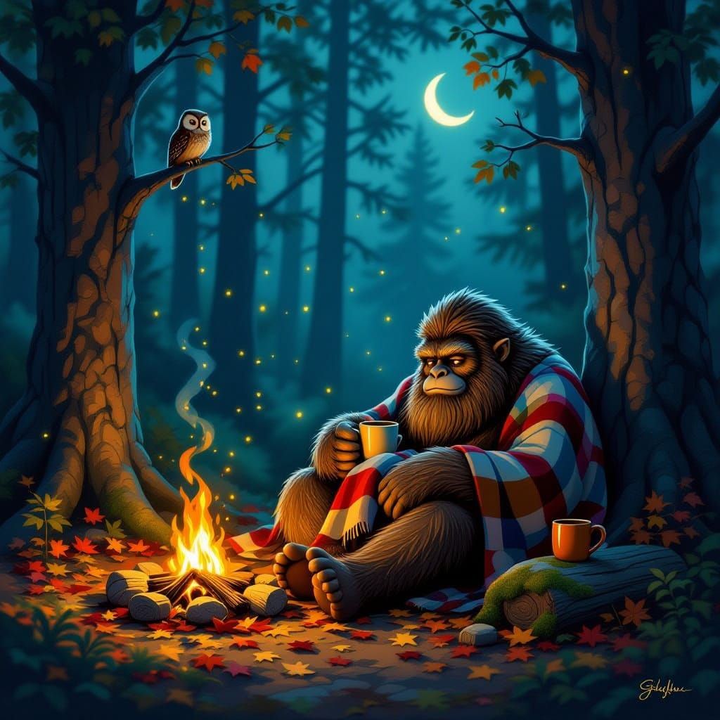 Bigfoot Resting by Campfire in Enchanted Forest