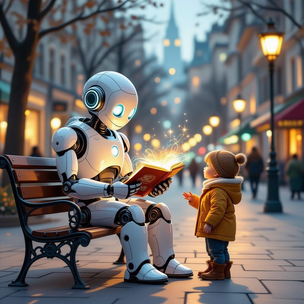 Wise Robot Shares Holographic Storybook in Futuristic City