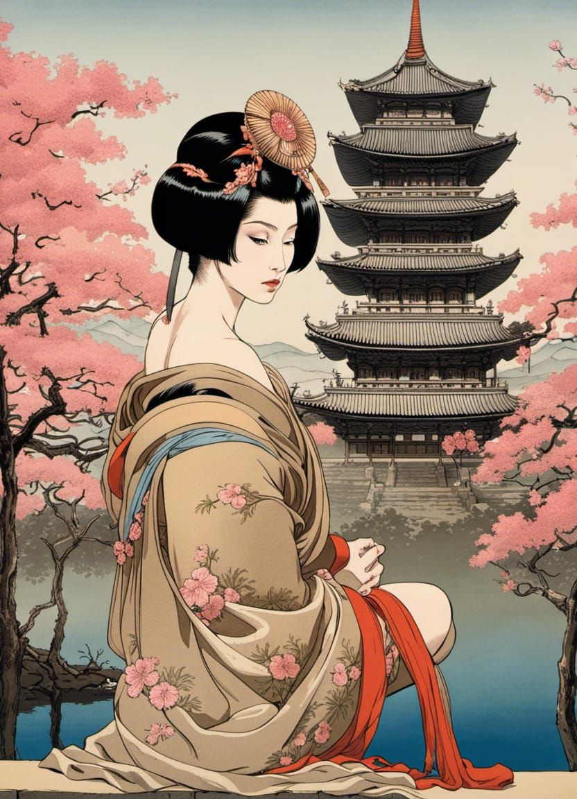 Geisha Ninja in Temple City, Fantasy Art Style