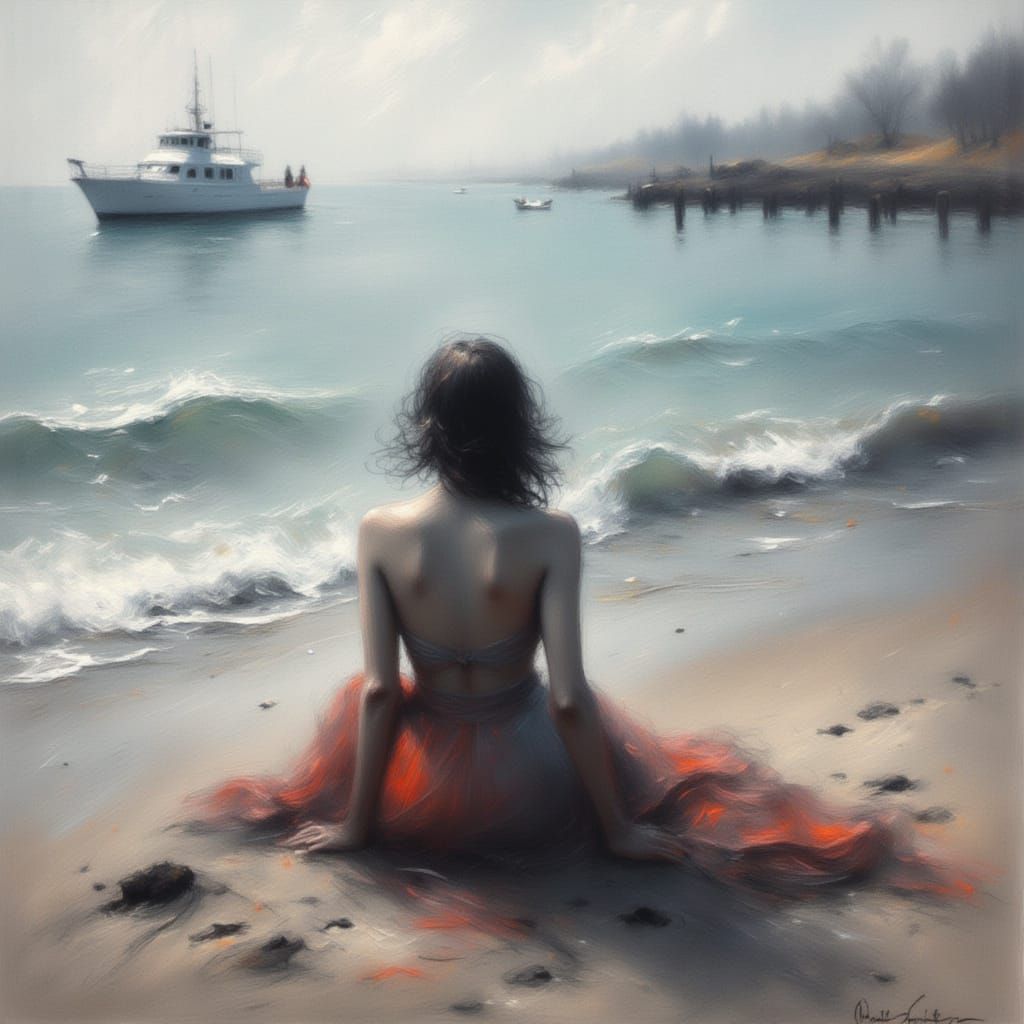 Serene Beach Scene with Relaxing Figures
