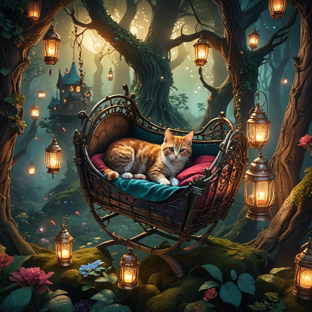 Cat and Kitten in Mystical Forest Cradle