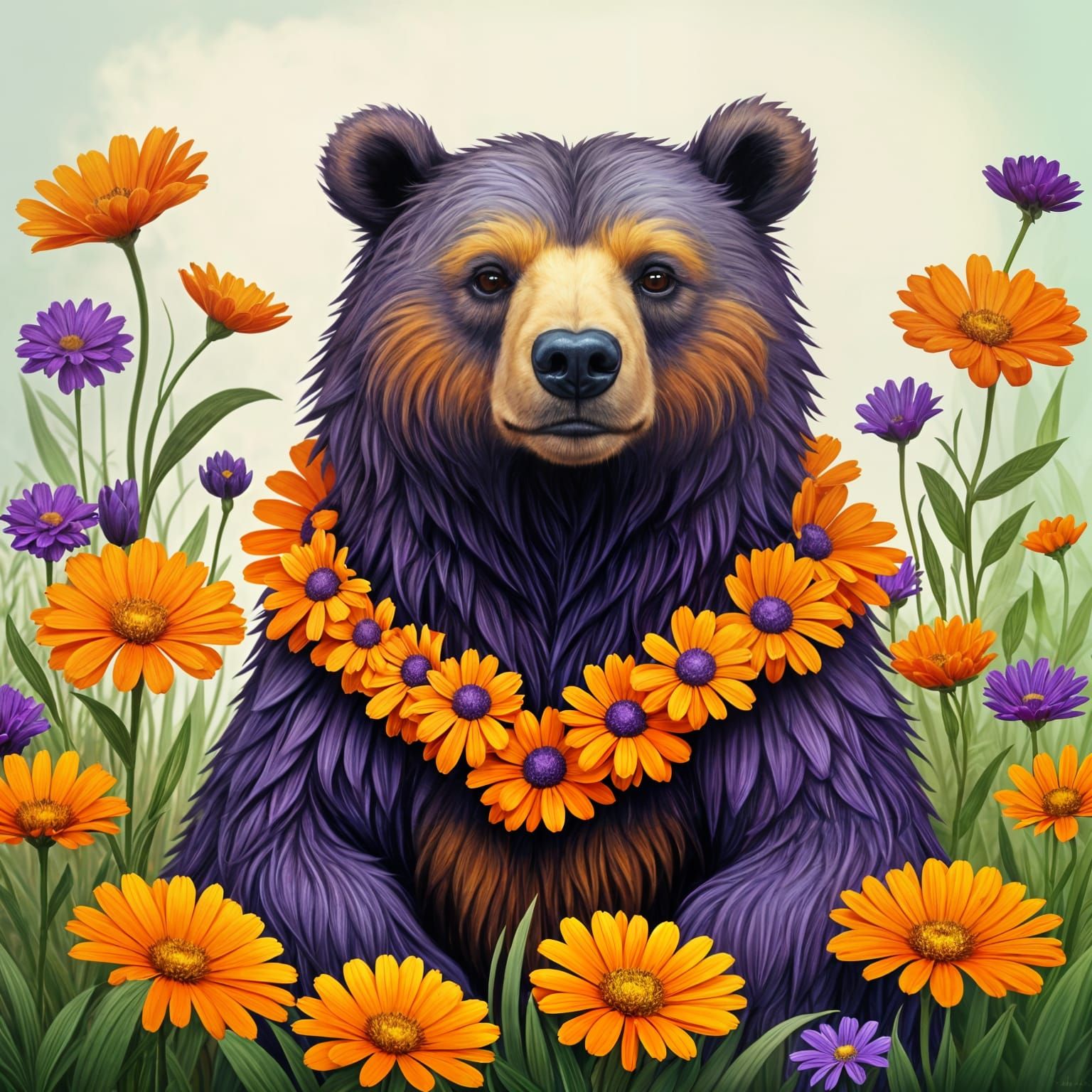 “A fantasy creature that is a hybrid between a bear and a calendula flower. The bear has bright orange calendula petals ...