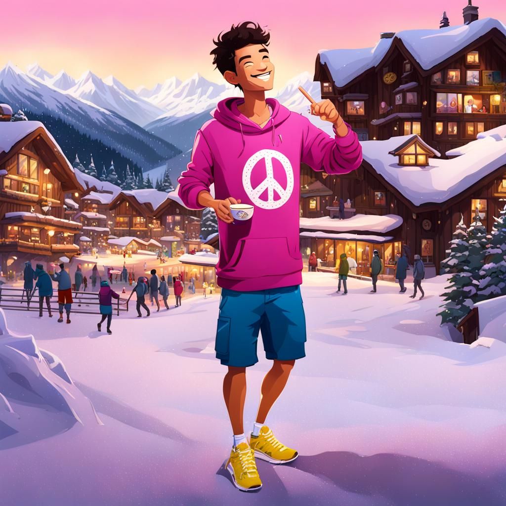 Boy's Snowy Ski Resort Hot Chocolate Break