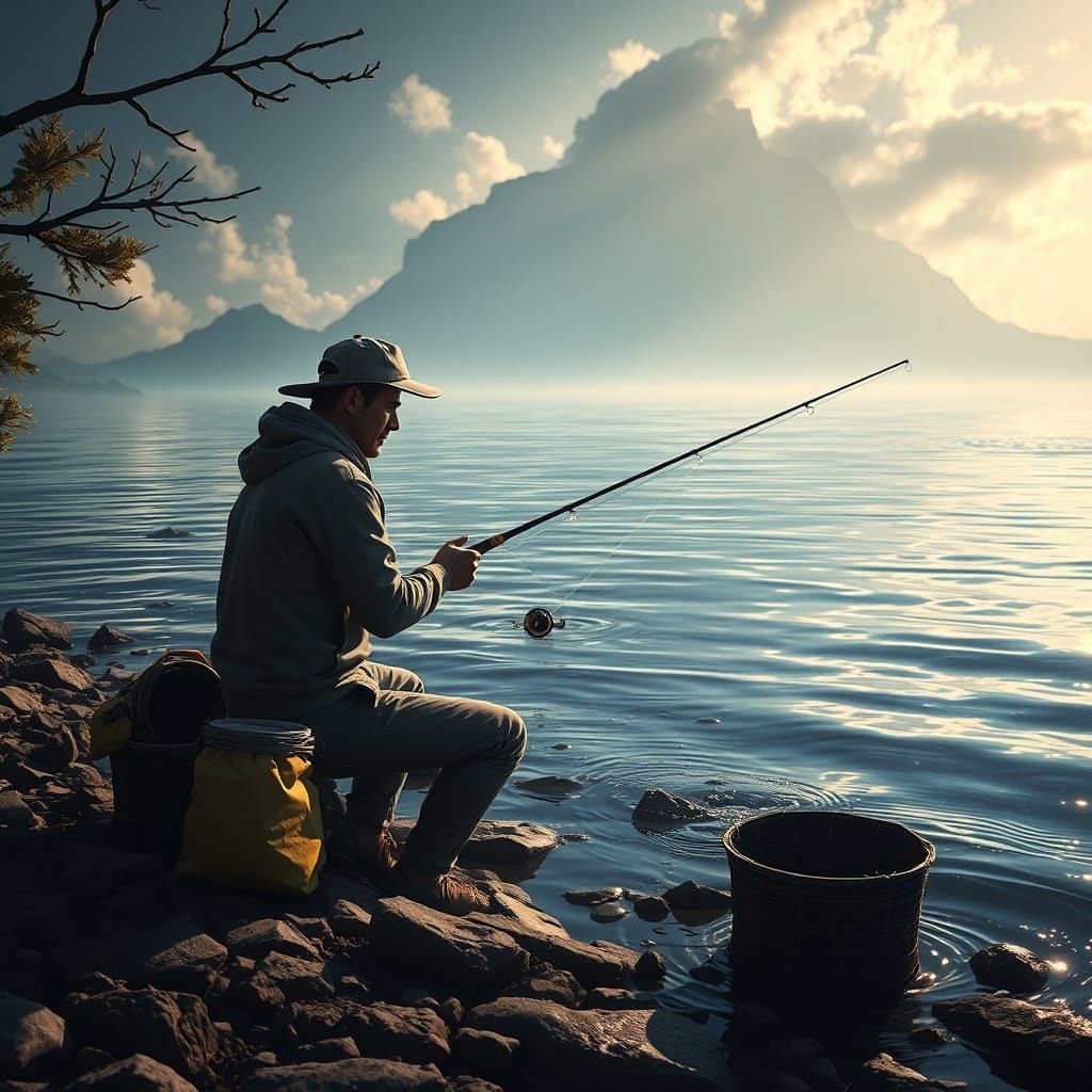 Man Prepares for Fishing Trip at Water's Edge in Fantasy Art...
