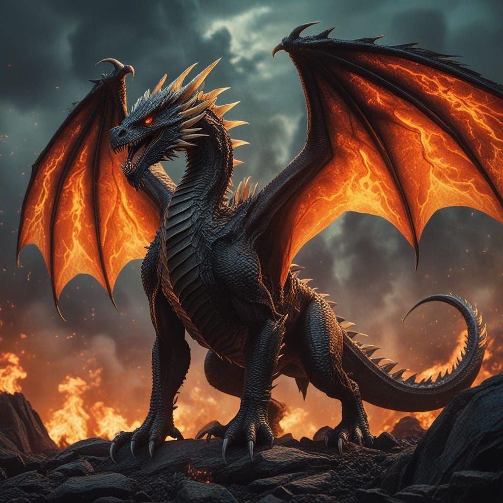 Epic Black Fire Dragon with Flaming Wings