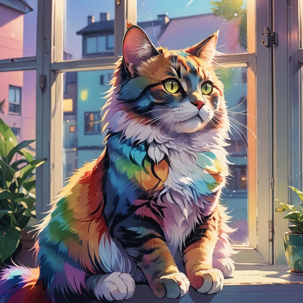 Anime Portrait of Rainbow Cat on Windowsill