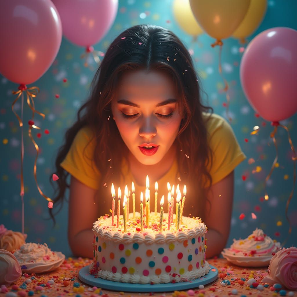 Woman Celebrates Birthday in Whimsical Realism