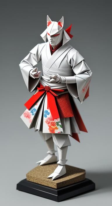 Samurai Origami with Kitsune Mask, Oil Painting