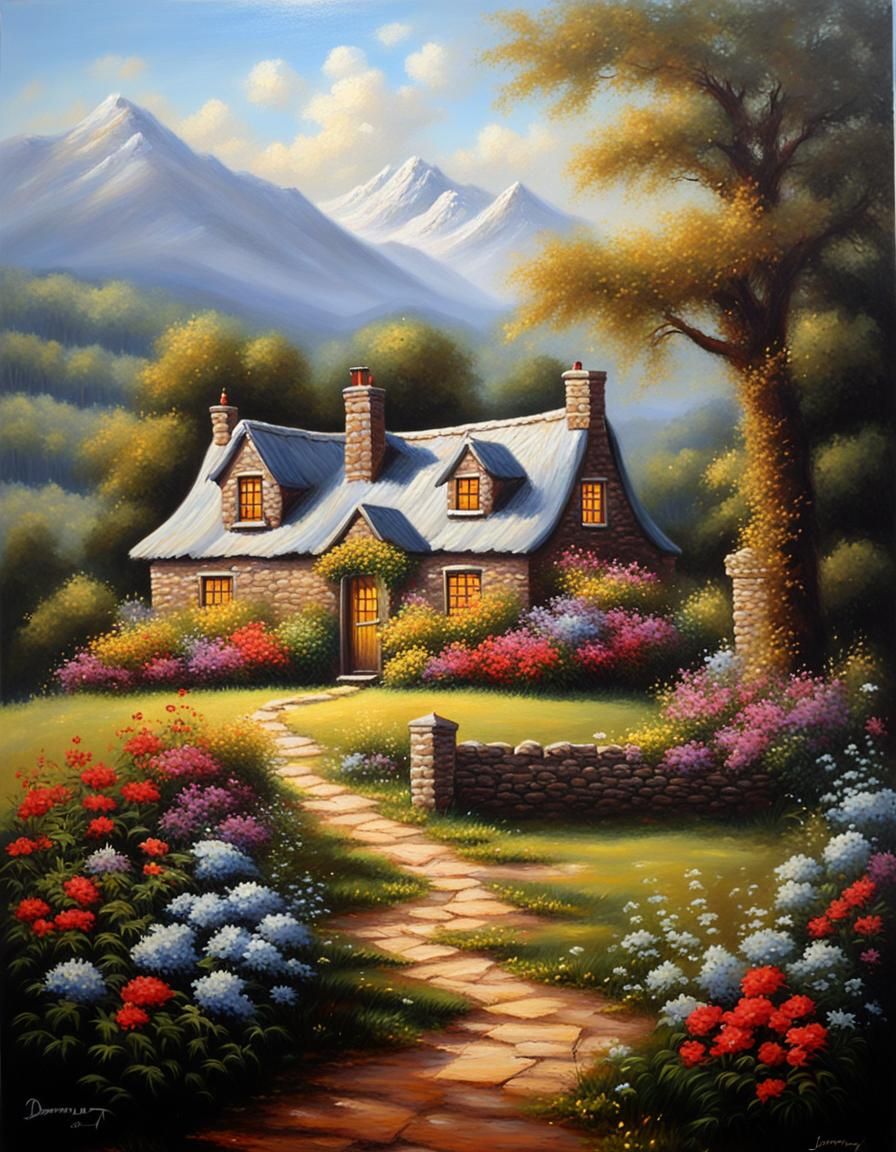Romantic Cottage Landscape in Oil Painting Style