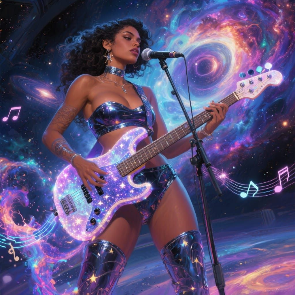 Afro-Latina Musician on Cosmic Stage with Starlight Bass