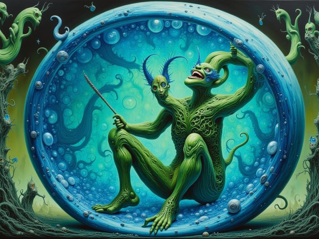 Frustrated Green Demon in Glass Conga Drum