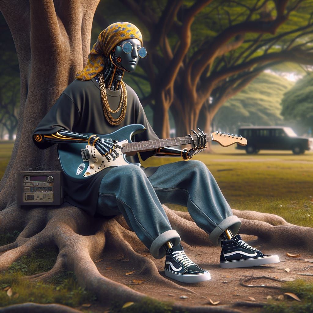 Robot Guitarist in Park: Matte Painting Style
