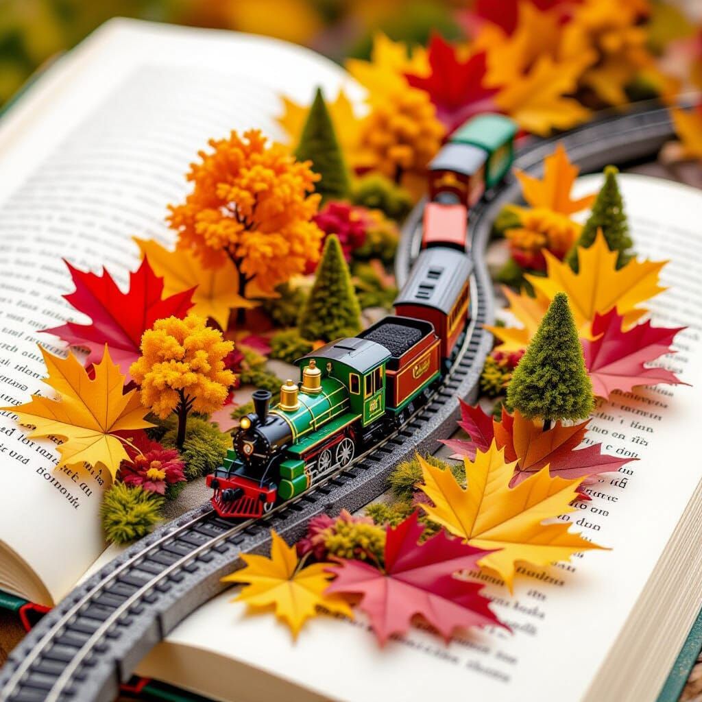 Miniature Train on Autumn Leaves Storybook Scene