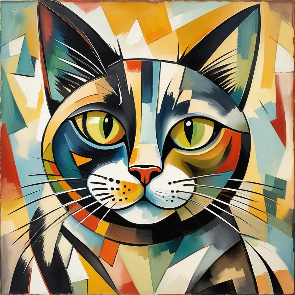 Cubist Cat Portrait in Picasso Style Watercolor