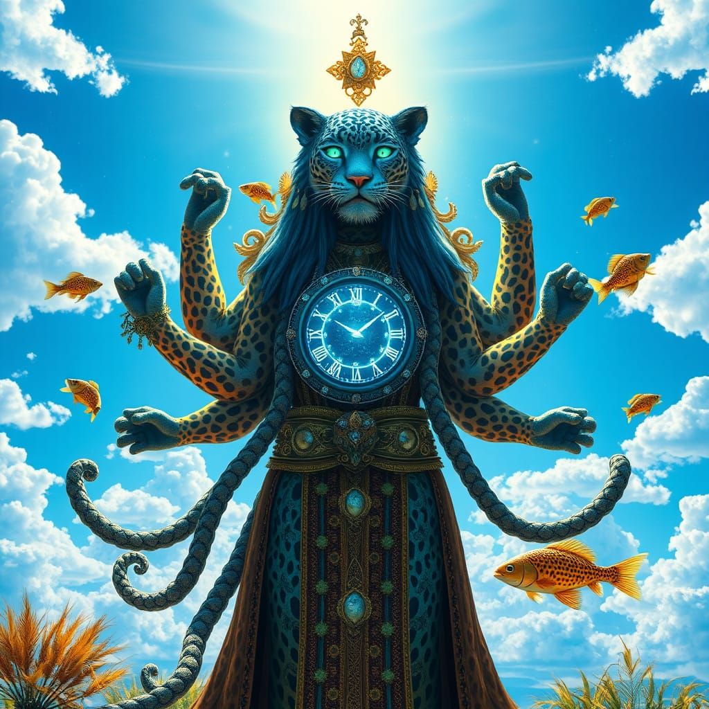 Leopard Shaman and Six-Armed Woman in Origami Style