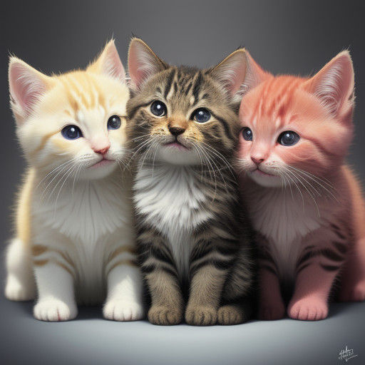 Surrealistic Hyperrealistic Portrait of Joyful Baby Kittens....