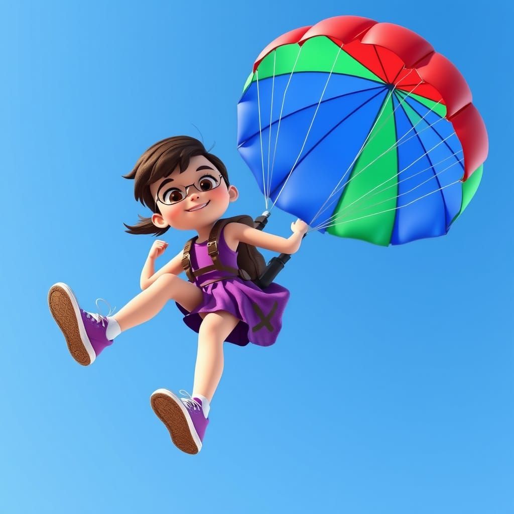 Girl Flying with Parachute in Vibrant 3D Style