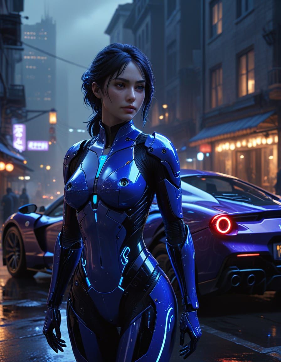 Cyberpunk Goddess Cortana in Gotham City with Ferrari at Nig...
