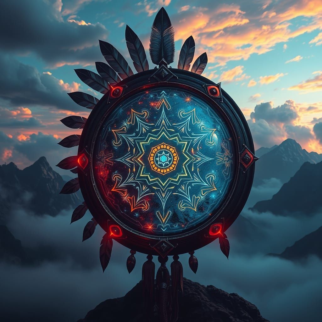 Mystical Native American Shield with Glowing Magical Symbols