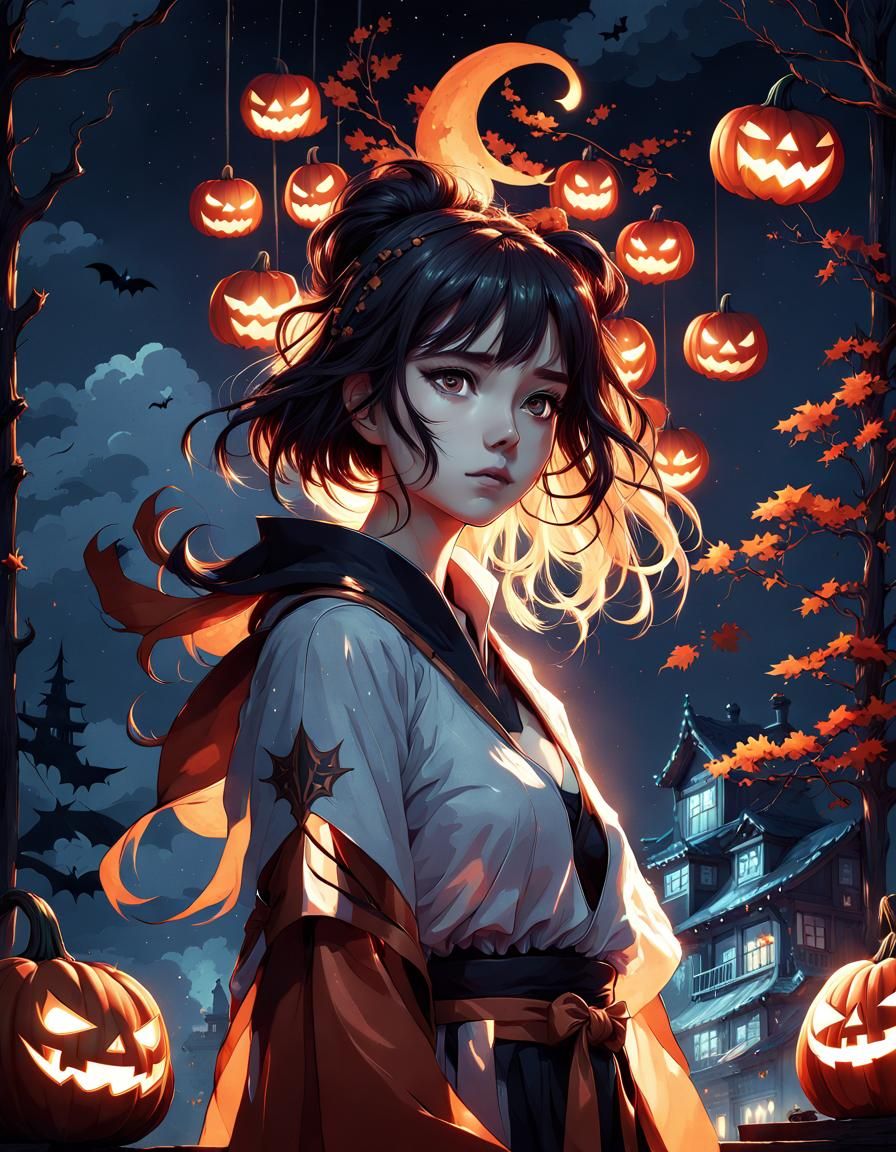 Anime Girl with Pumpkin Halloween Night Decoration