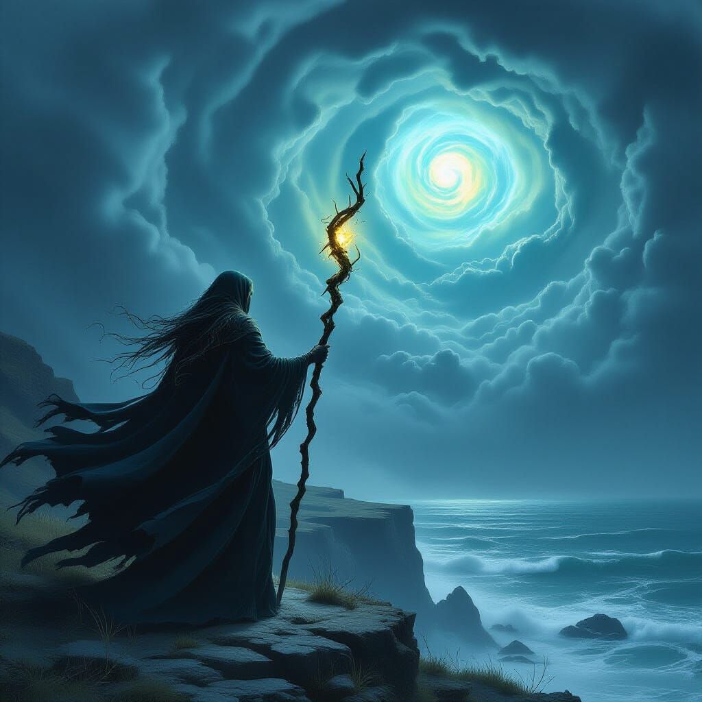Ancient Witch on Stormy Cliff Overlooking Coast