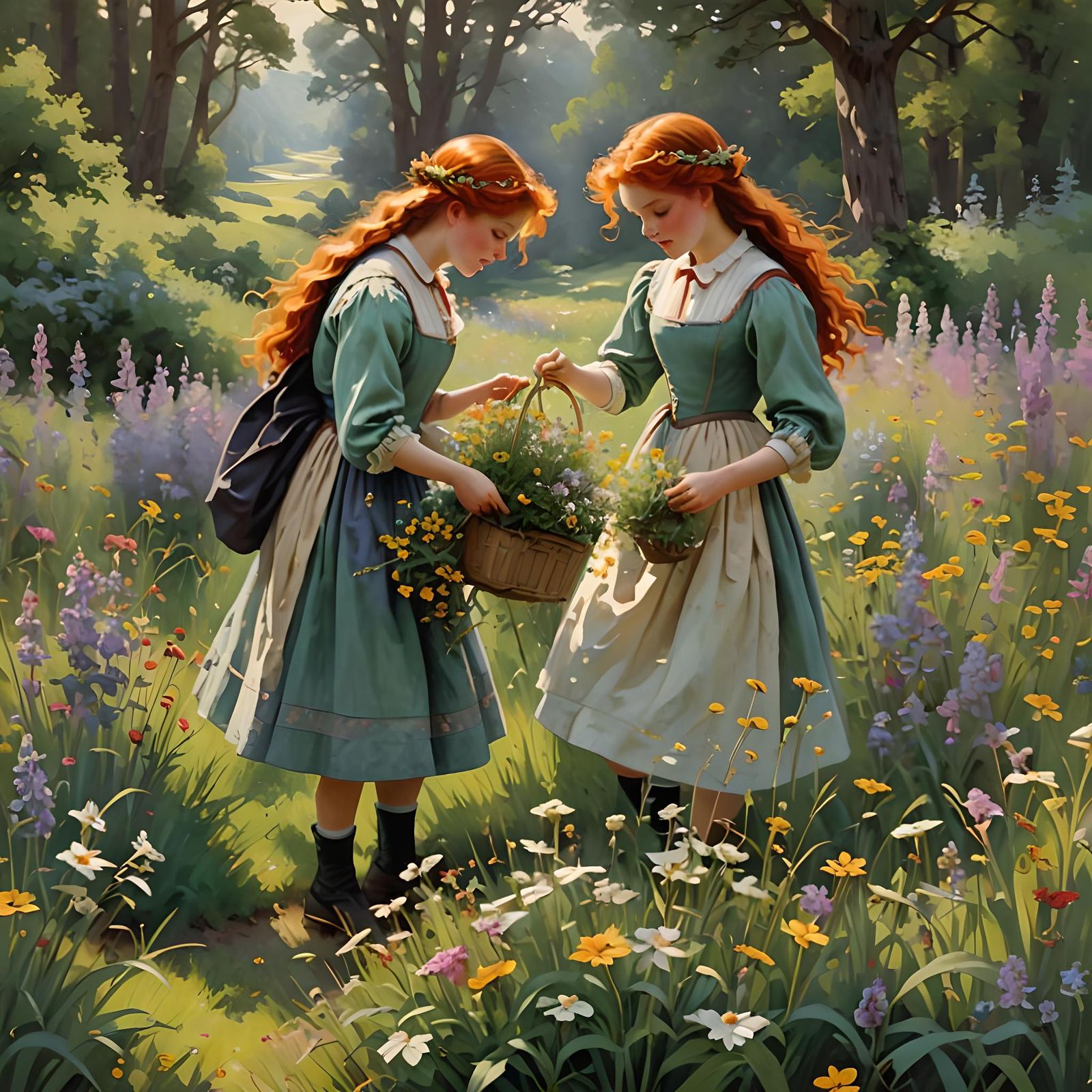 Twin Redheads Picking Wildflowers: Artistic Illustration