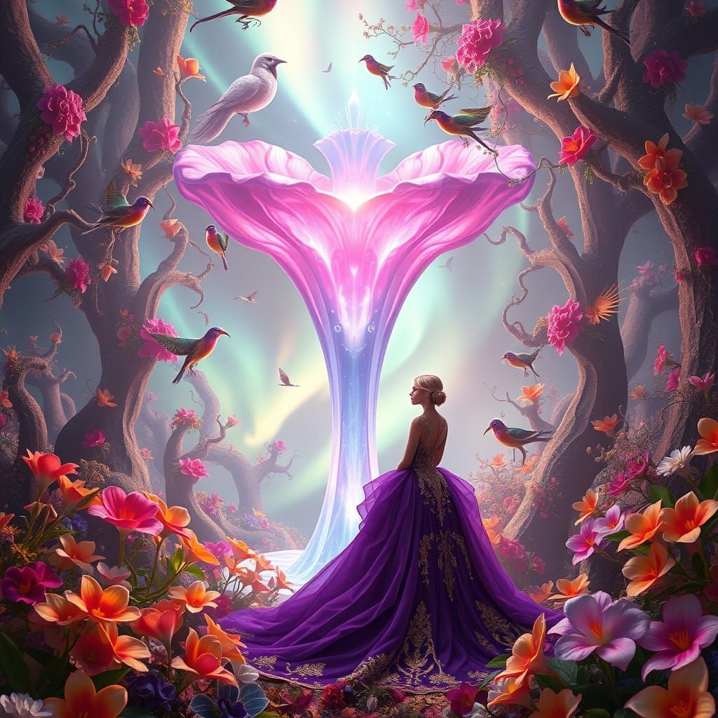 Magical Fairytale Land with Crystal Flower and Elegant Woman