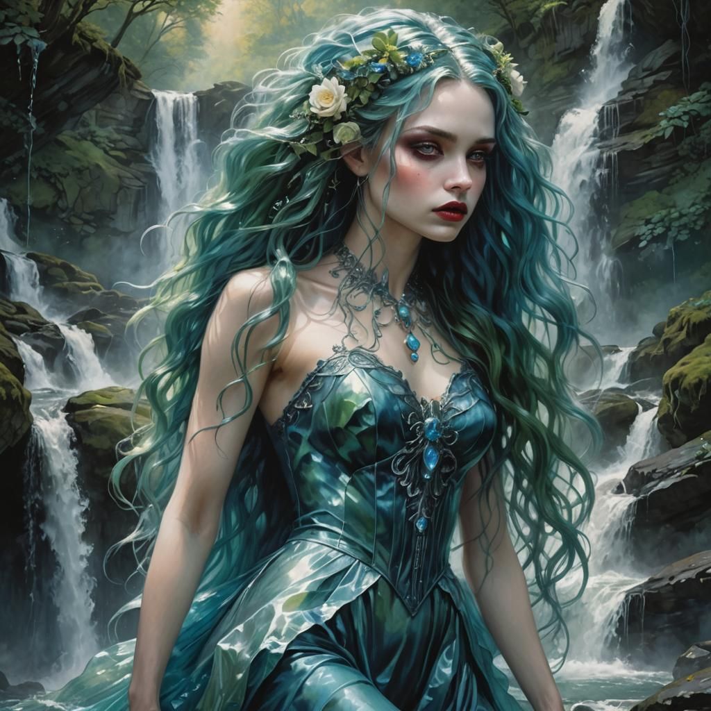 Gothic Sorceress with Aquamarine Hair, Hyperrealism