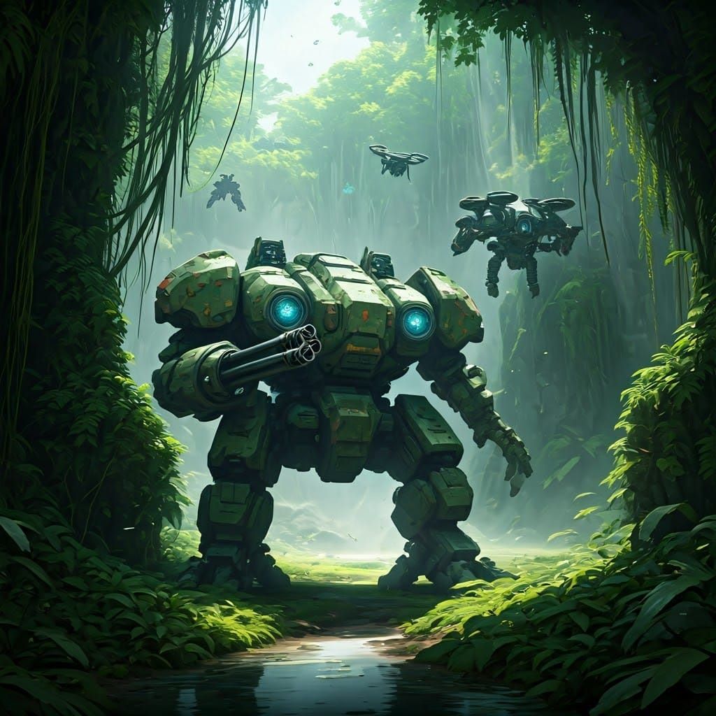 Camouflaged Mecha Jungle Ambush in Detailed Matte Painting