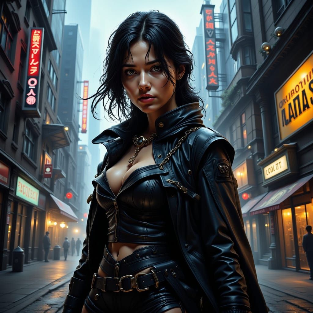 Female Warrior in Cityscape, Comic Book Style