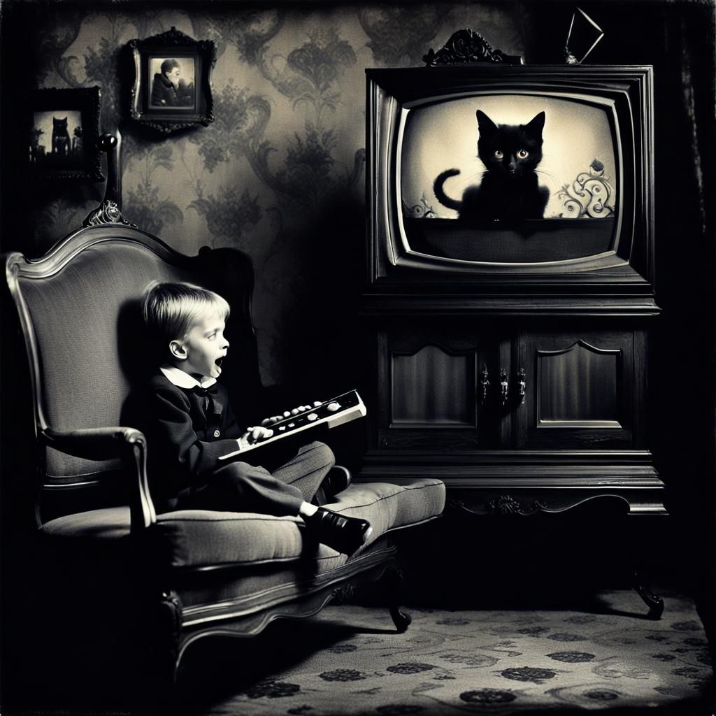 Delighted Vampire Watches TV: Vintage Gothic Photograph