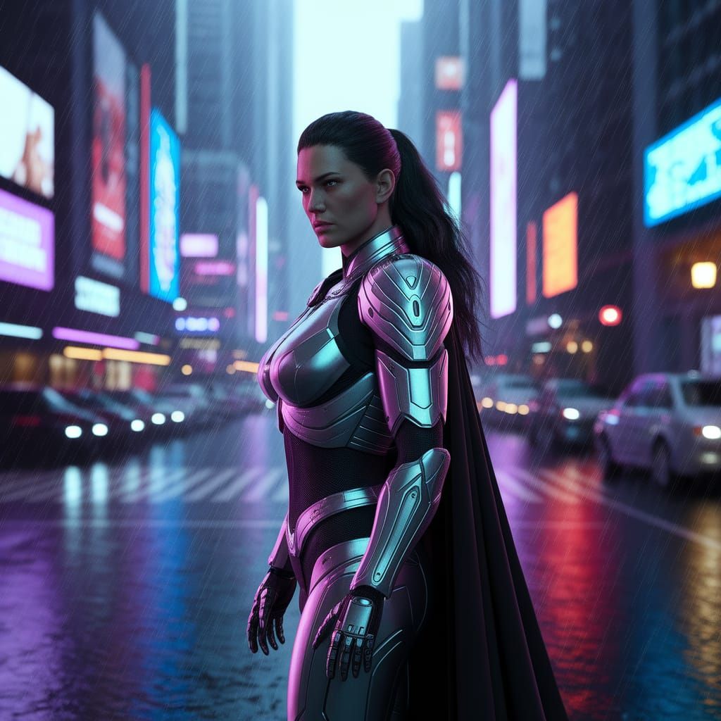 Cybernetic Amazon Warrior Guarding Futuristic Neon City
