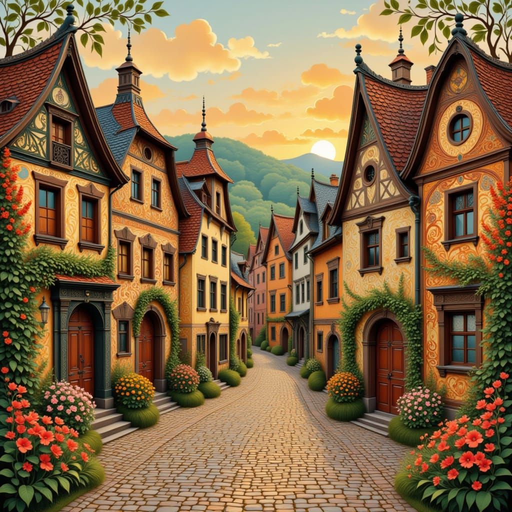 Medieval Town in Folk Art Nouveau Style