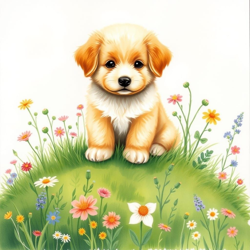 Fluffy Puppy in Wildflower Meadow, Watercolor Style