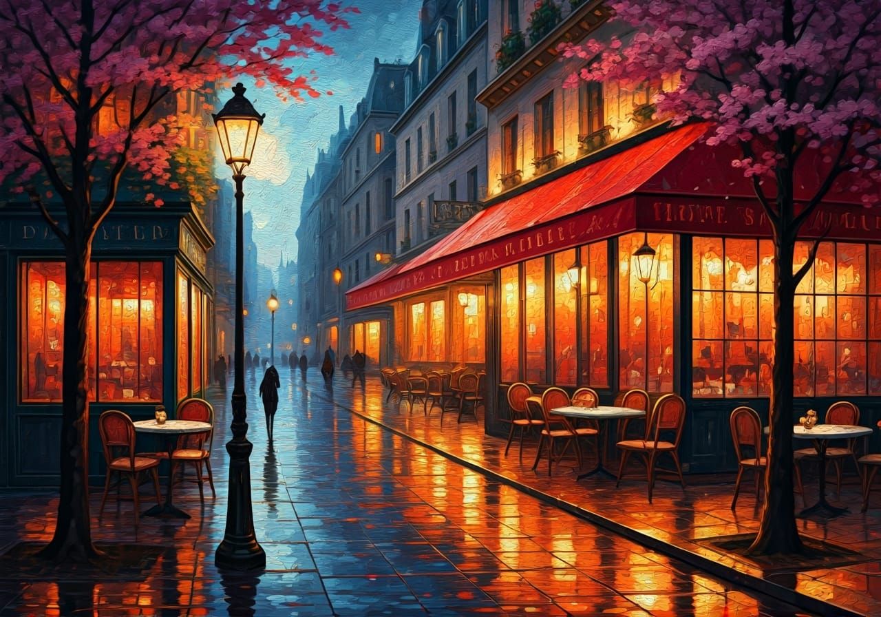 Parisian Cafe at Night: Impressionist Oil Painting
