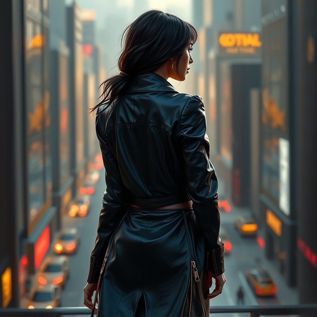 Hyper-Realistic Portrait of a Woman in Leather Coat Enters C...