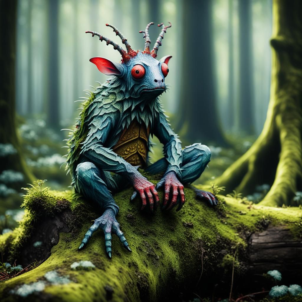Eerie Hybrid Creature in a Bosch-Inspired Forest