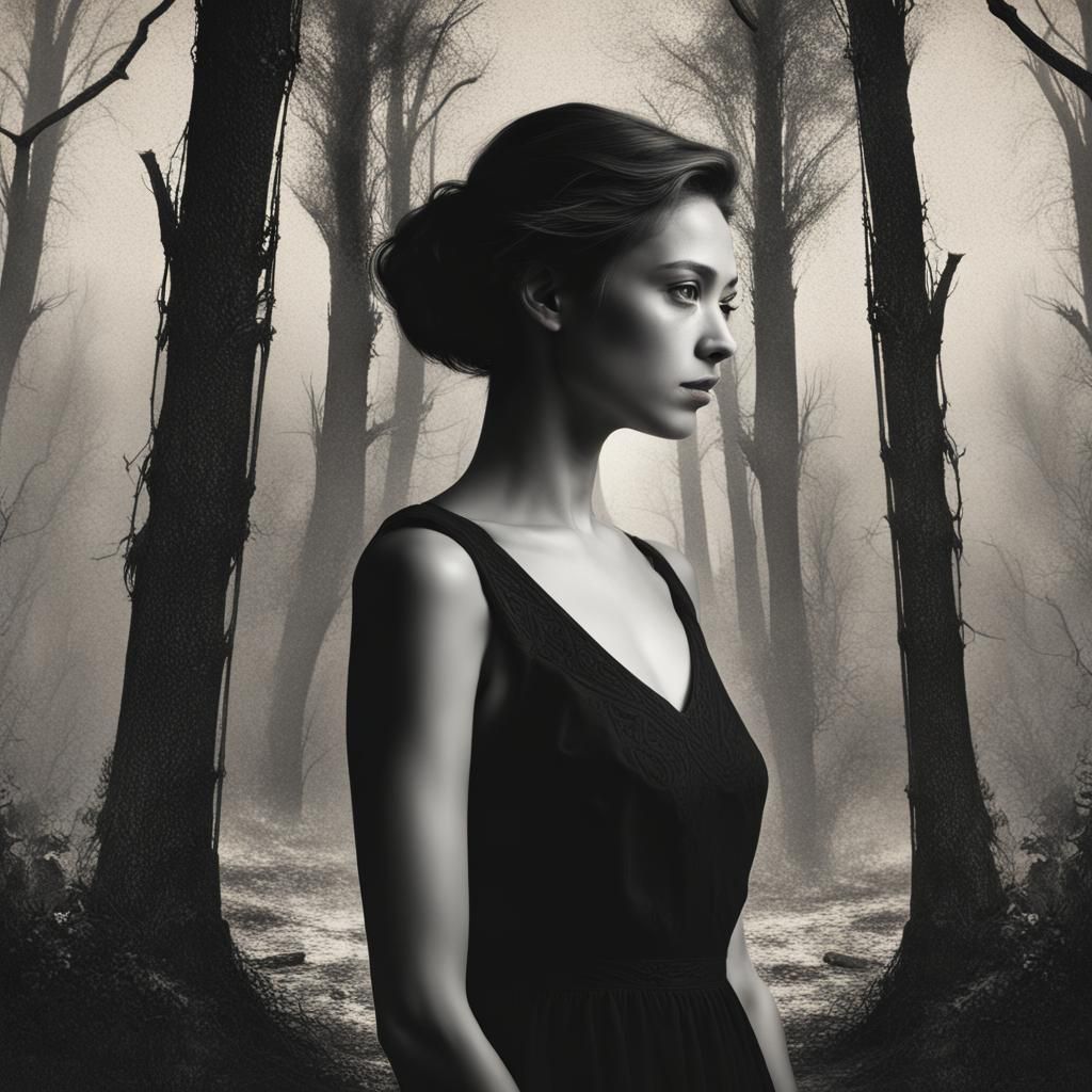 Monochrome Woman in Black Dress in Forest