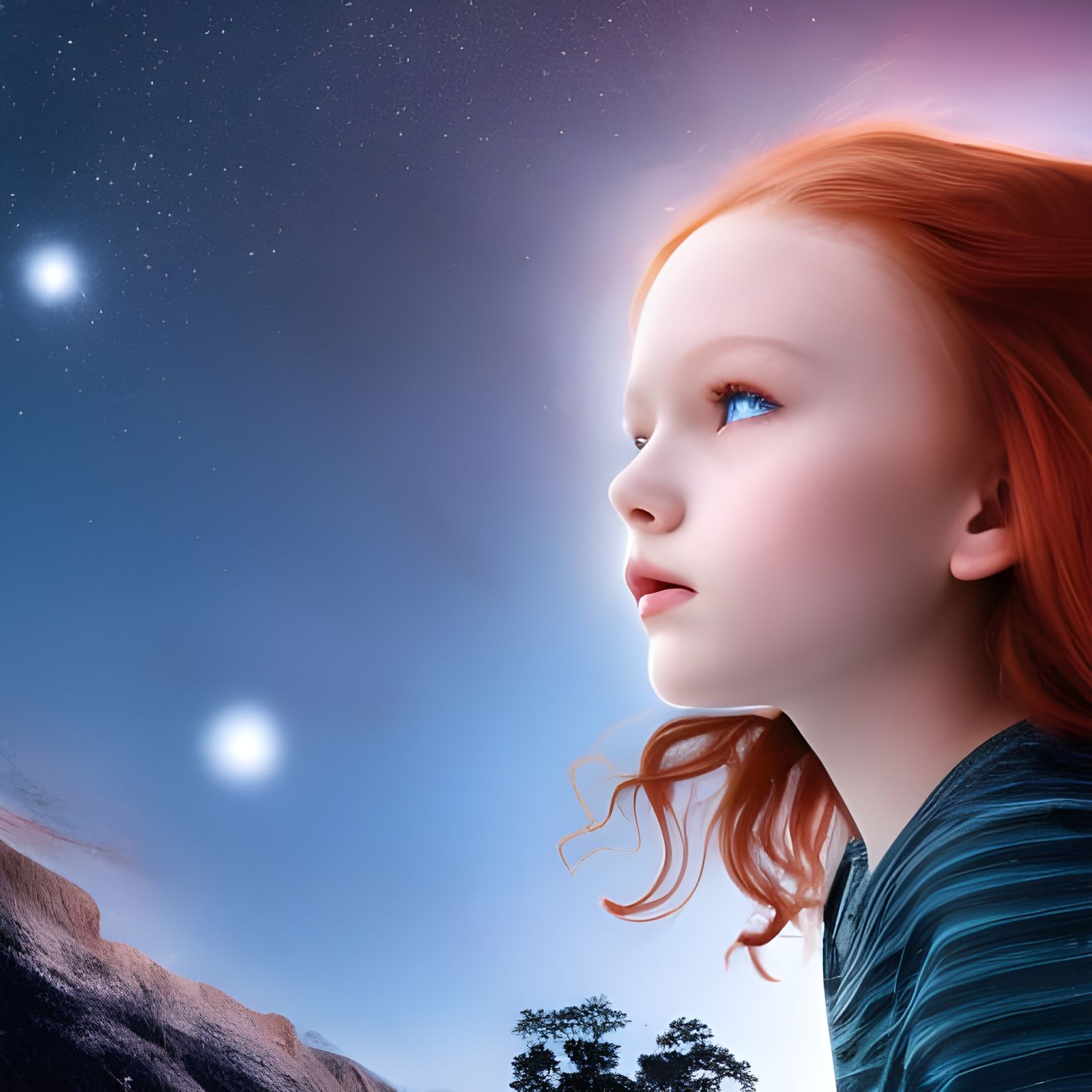 Red-Haired Girl Gazing at Stars: Digital Matte Painting