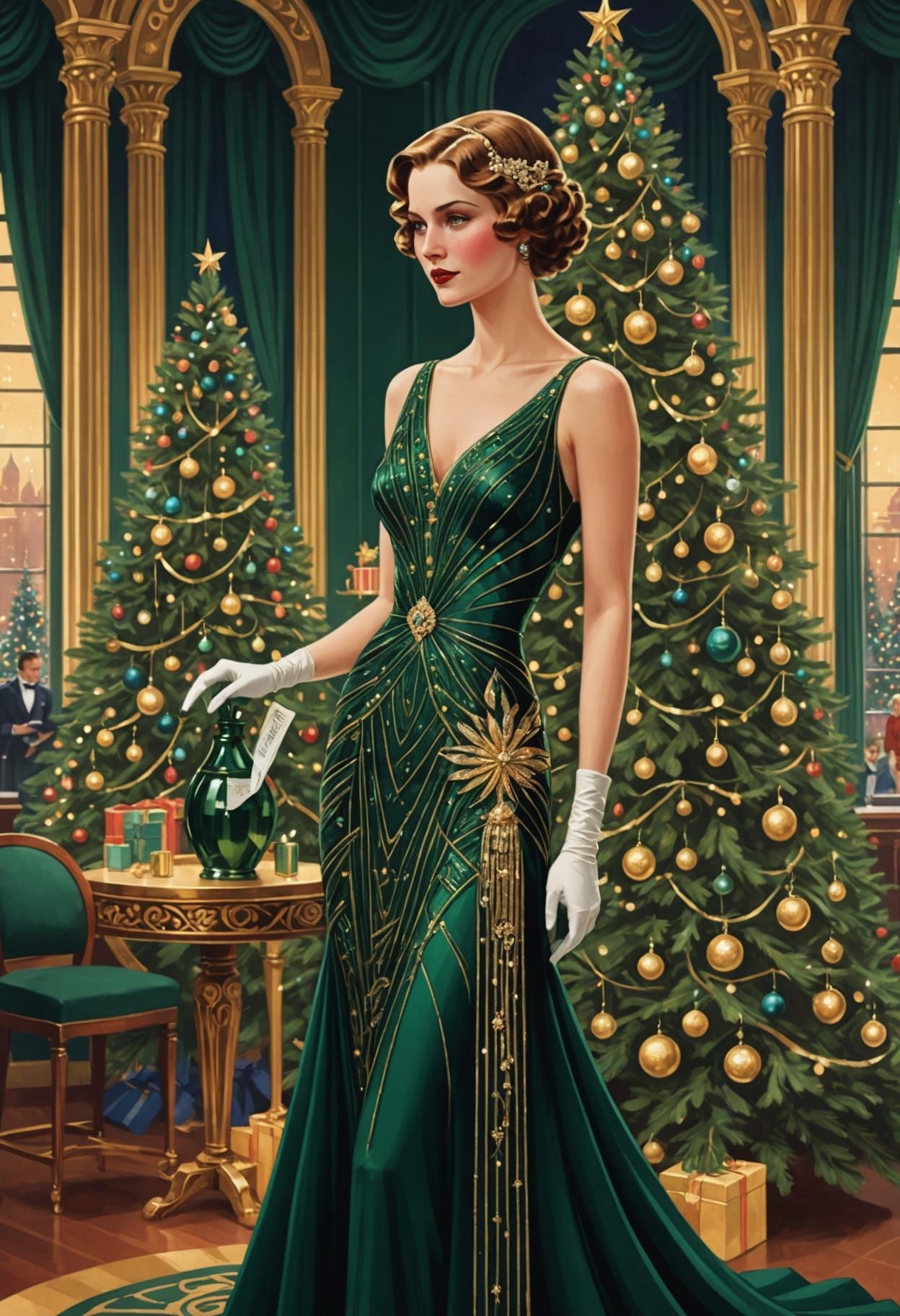 Art Deco Christmas Scene with Futuristic Cityscape