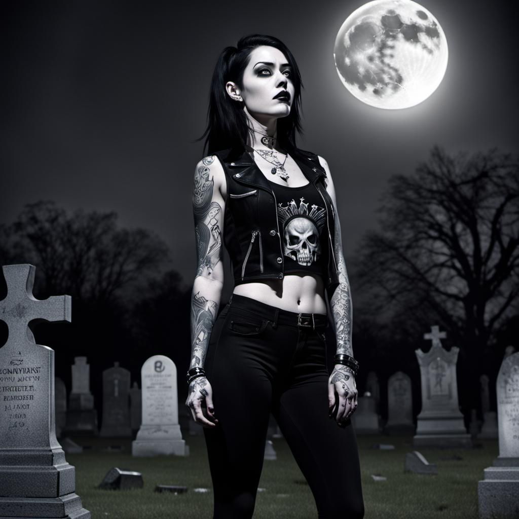Goth Girl in Graveyard: Black and White Photo