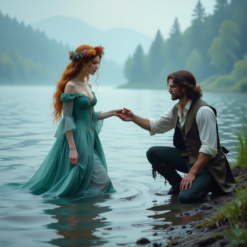 Ephemeral Woman Emerges From Misty Lake in Romantic Style