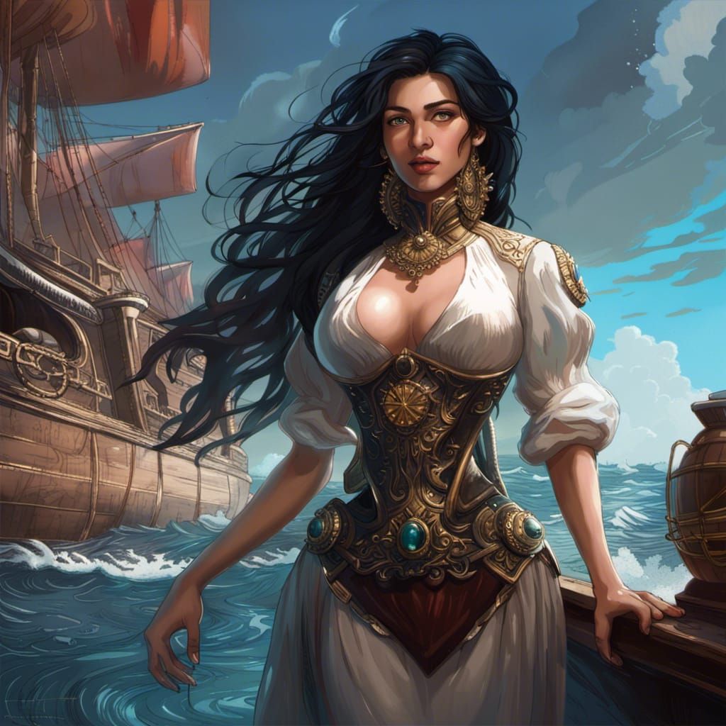 Fantasy Woman on Ship: Detailed Digital Art