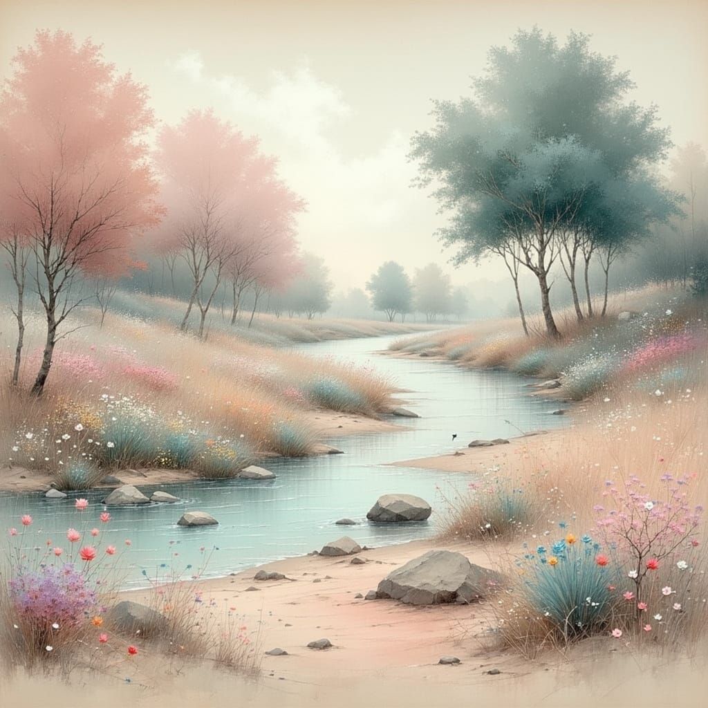 Ethereal River Scene in Soft Watercolor and Oil
