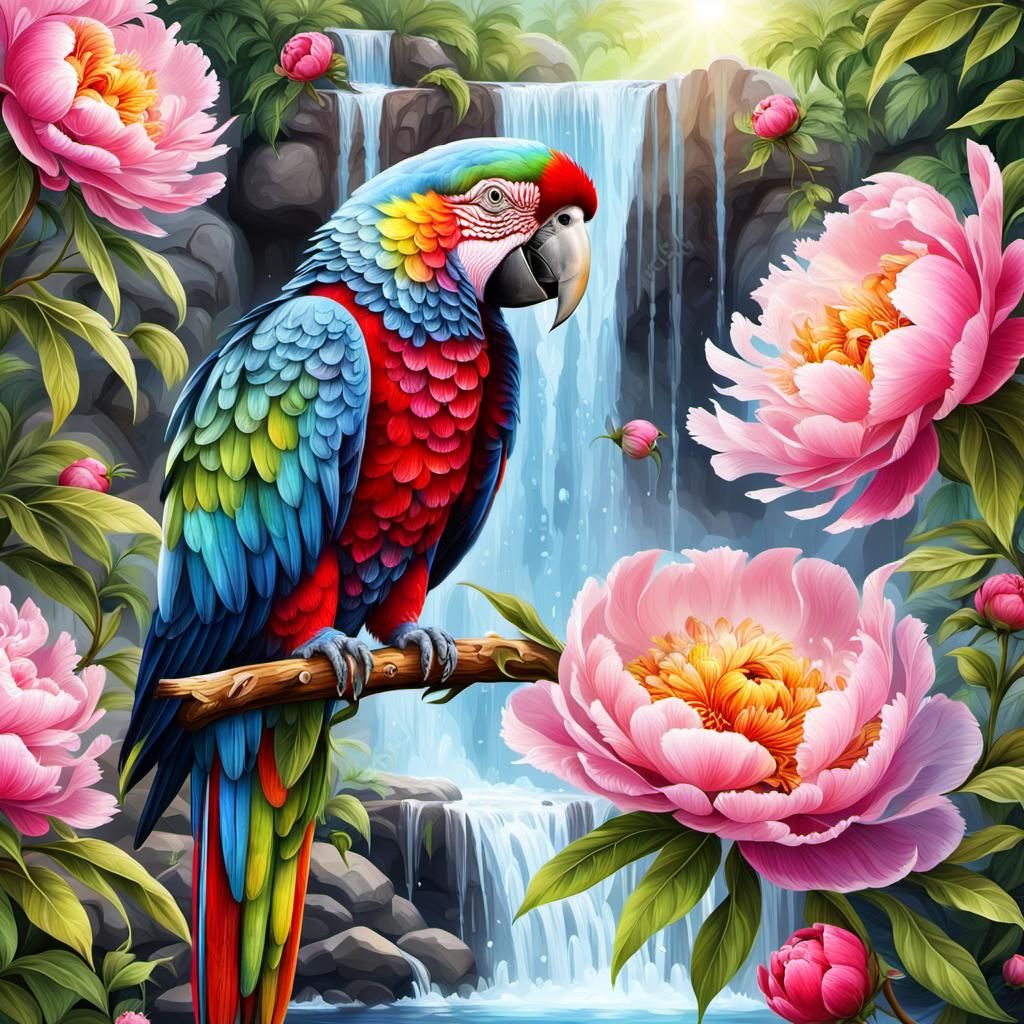 Colorful Parrot with Waterfall: Photorealistic Digital Art