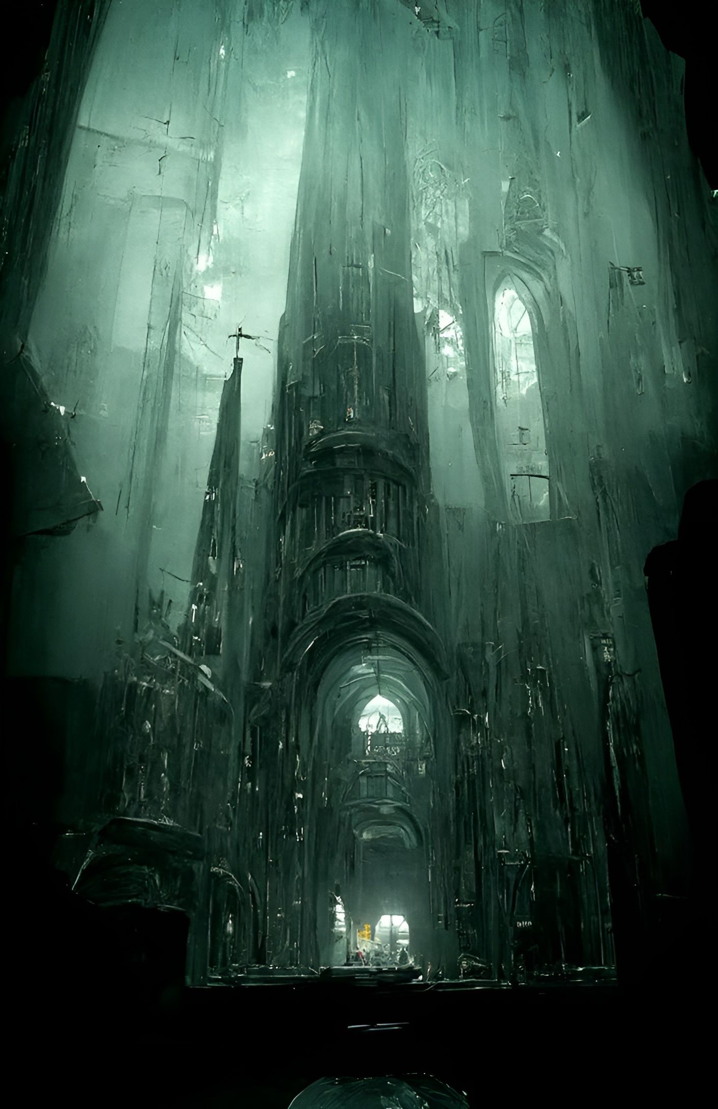 Inside of abandoned majestic gothic tall cathedral, dark and moody atmosphere, decayed, broken window, low light monochr...