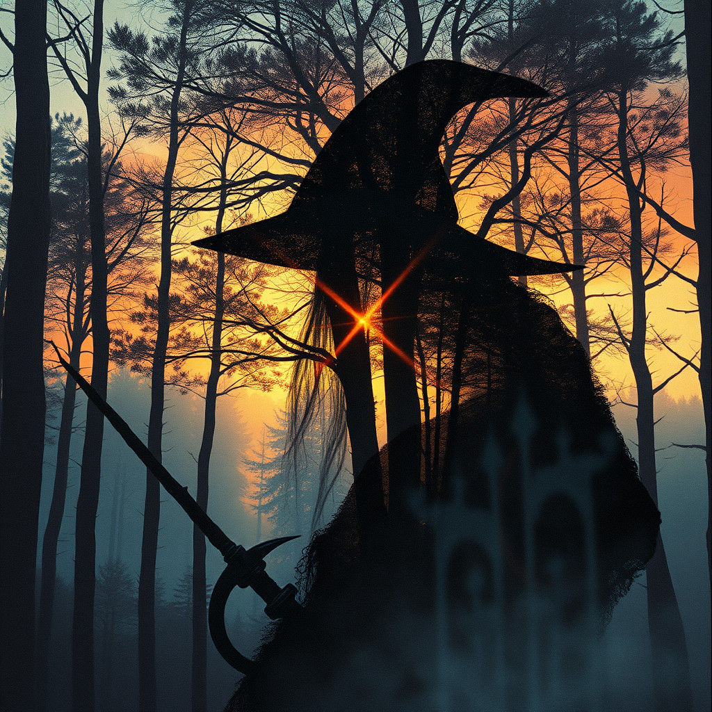 Gandalf Double Exposure in Forest, Ink Painting Style